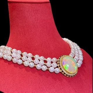 Aurora's Treasure - Triple Strand Akoya Pearl & Opal Statement Necklace