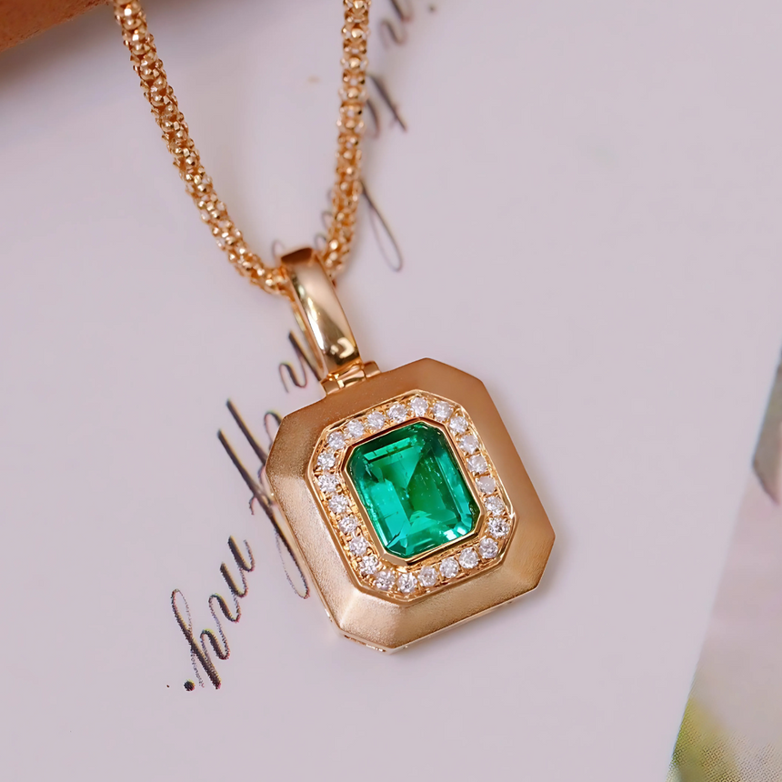 Royal Prism: Natural Emerald Diamond Halo Pendant in 18K Yellow Gold