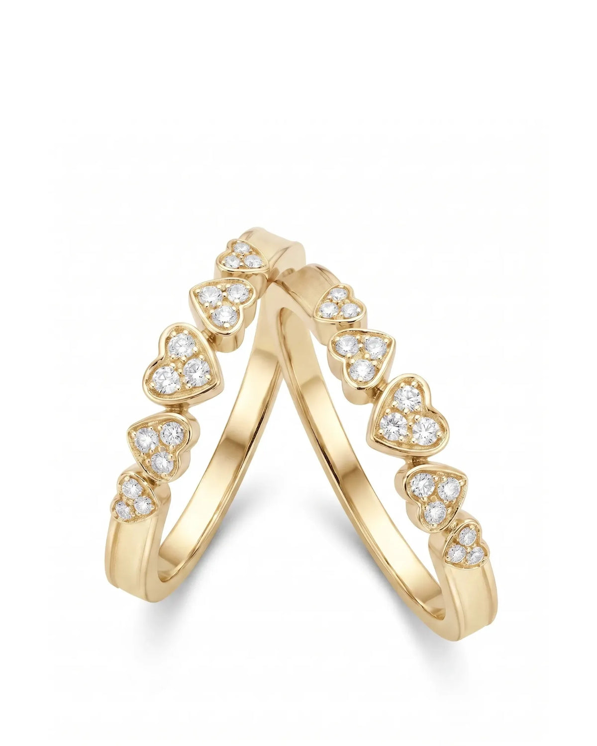 Five Heart Diamond Eternity Wedding Bands — 18K & 14K Yellow Gold — Couple Set