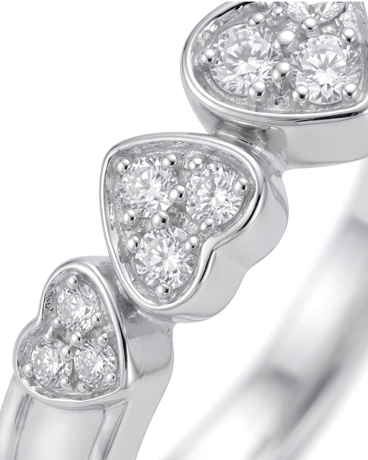 Five Heart Diamond Eternity Wedding Bands — 18K & 14K White Gold — Macro