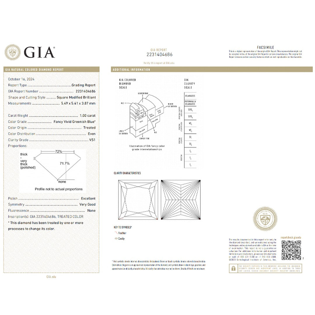 1.00cts Aqua Blue Square Cut VS1 Clarity Natural Treated Diamond | GIA Certified