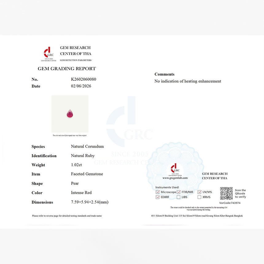 1.02 carat Natural ruby pear displaying strong red saturation | SARATTI