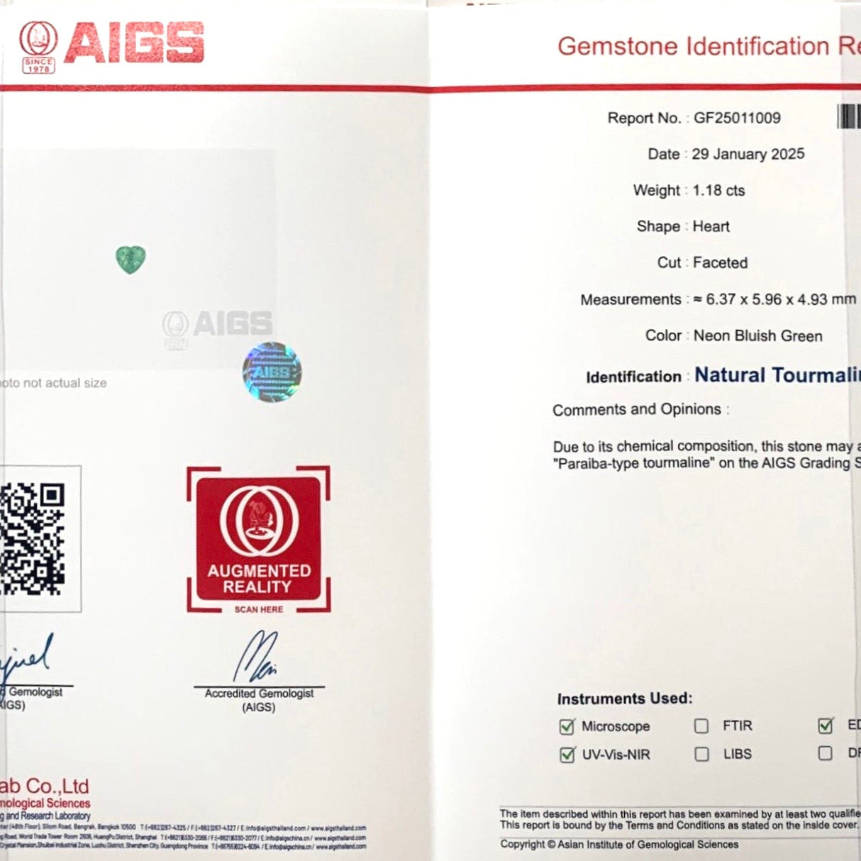 1.18cts Neon-Bluish Green Heart-Shaped Paraiba Tourmaline | AIGS Certified