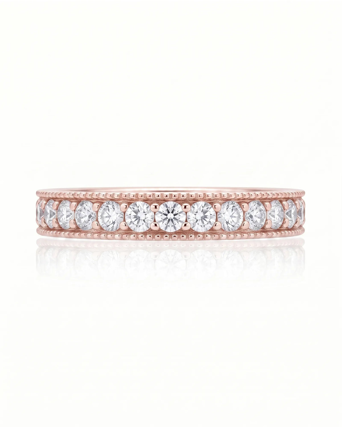 18K rose gold milgrain diamond wedding band, studio angle | SARATTI