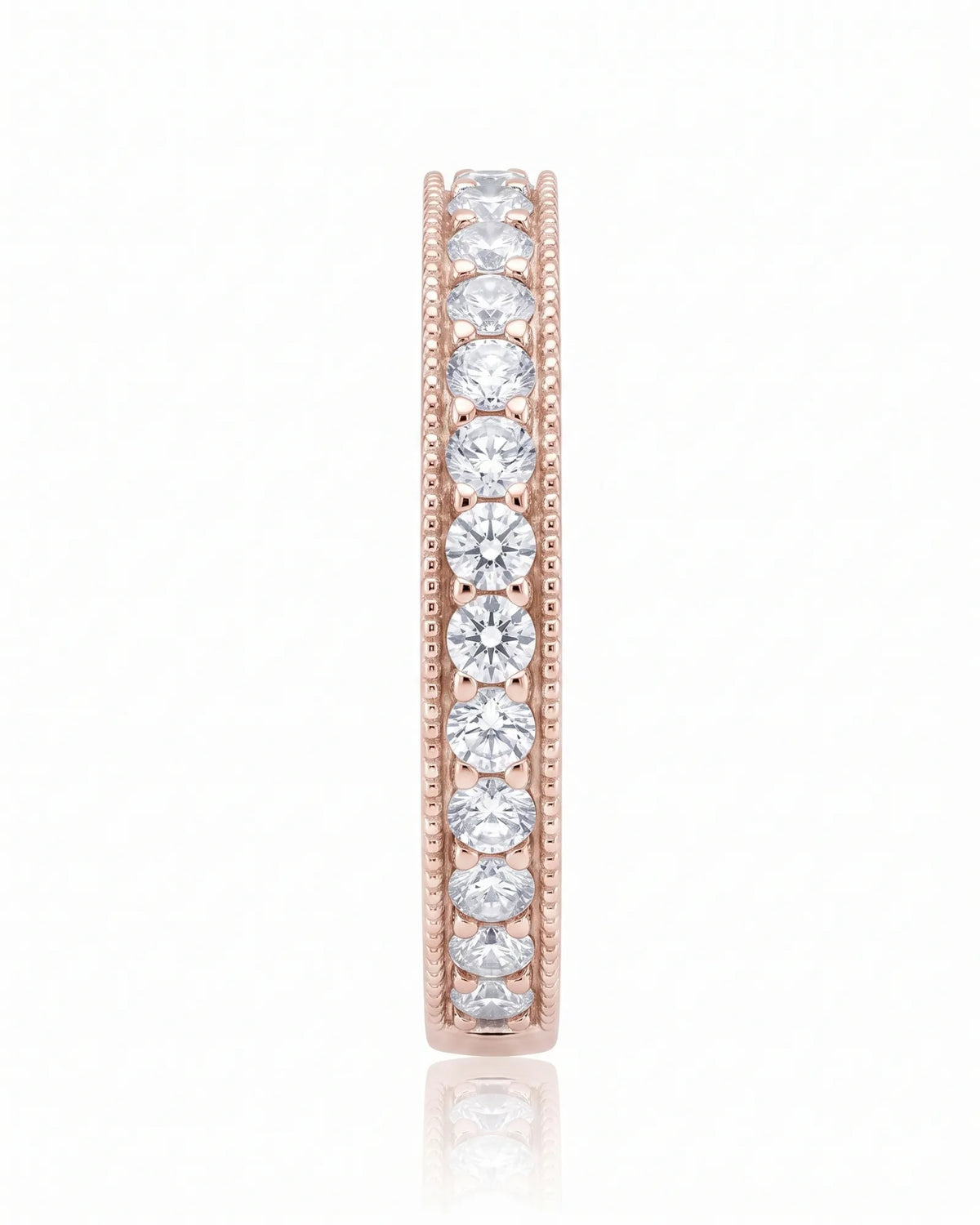18K rose gold milgrain diamond wedding band, detail view | SARATTI