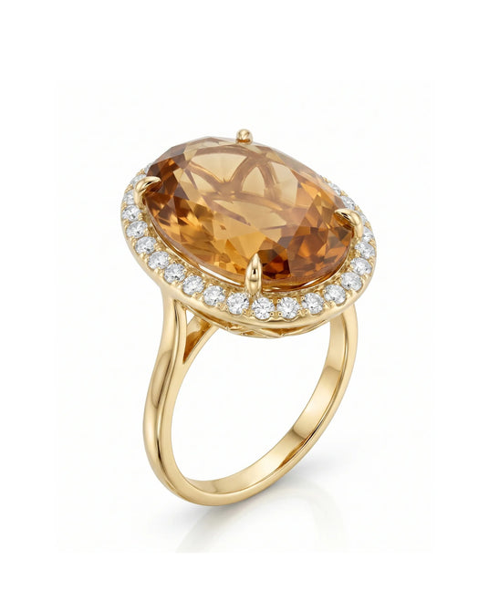 13.40 carat Natural Imperial Topaz oval halo ring yellow gold | SARATTI