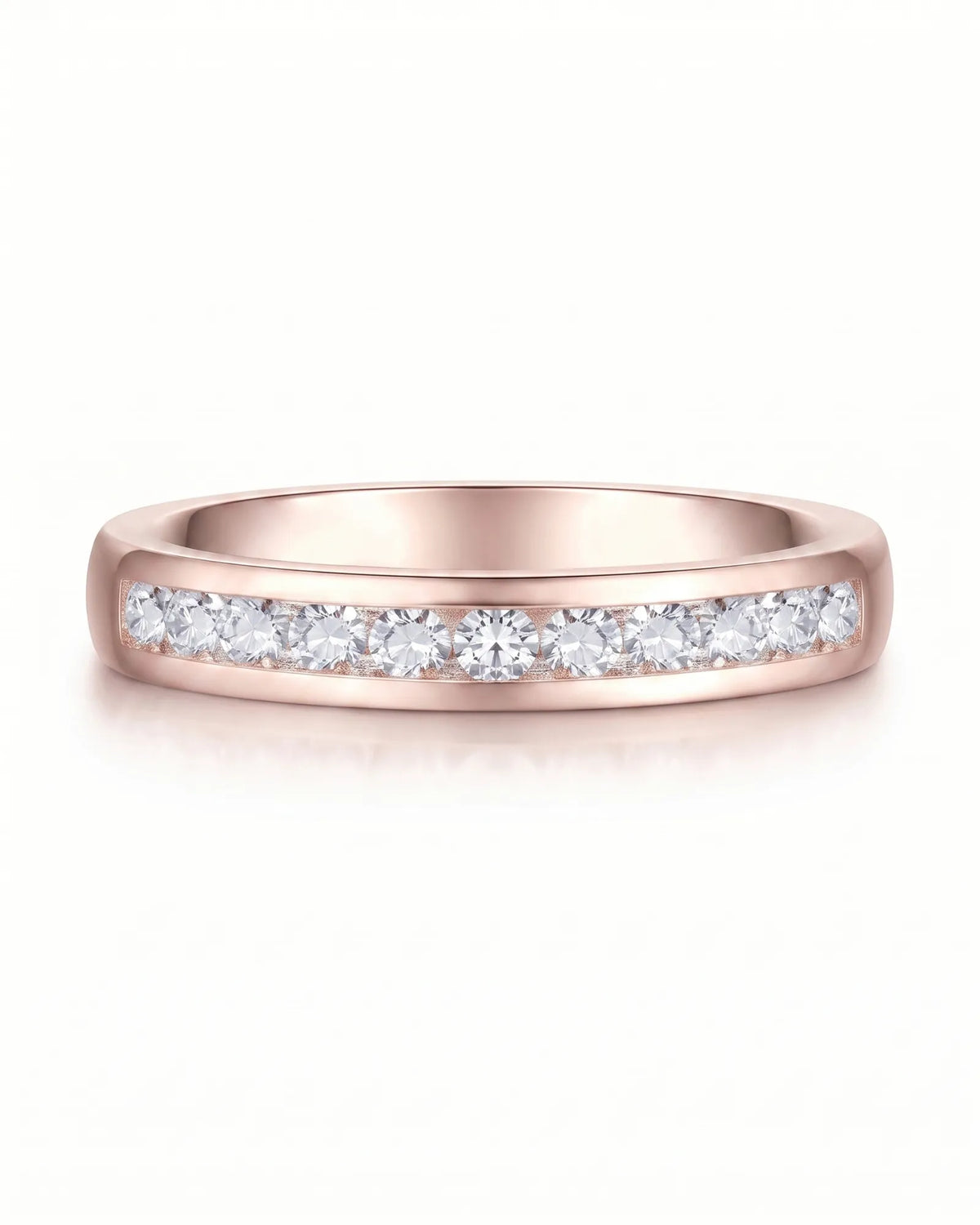 Channel-set diamond wedding band with polished rose gold borders | SARATTI