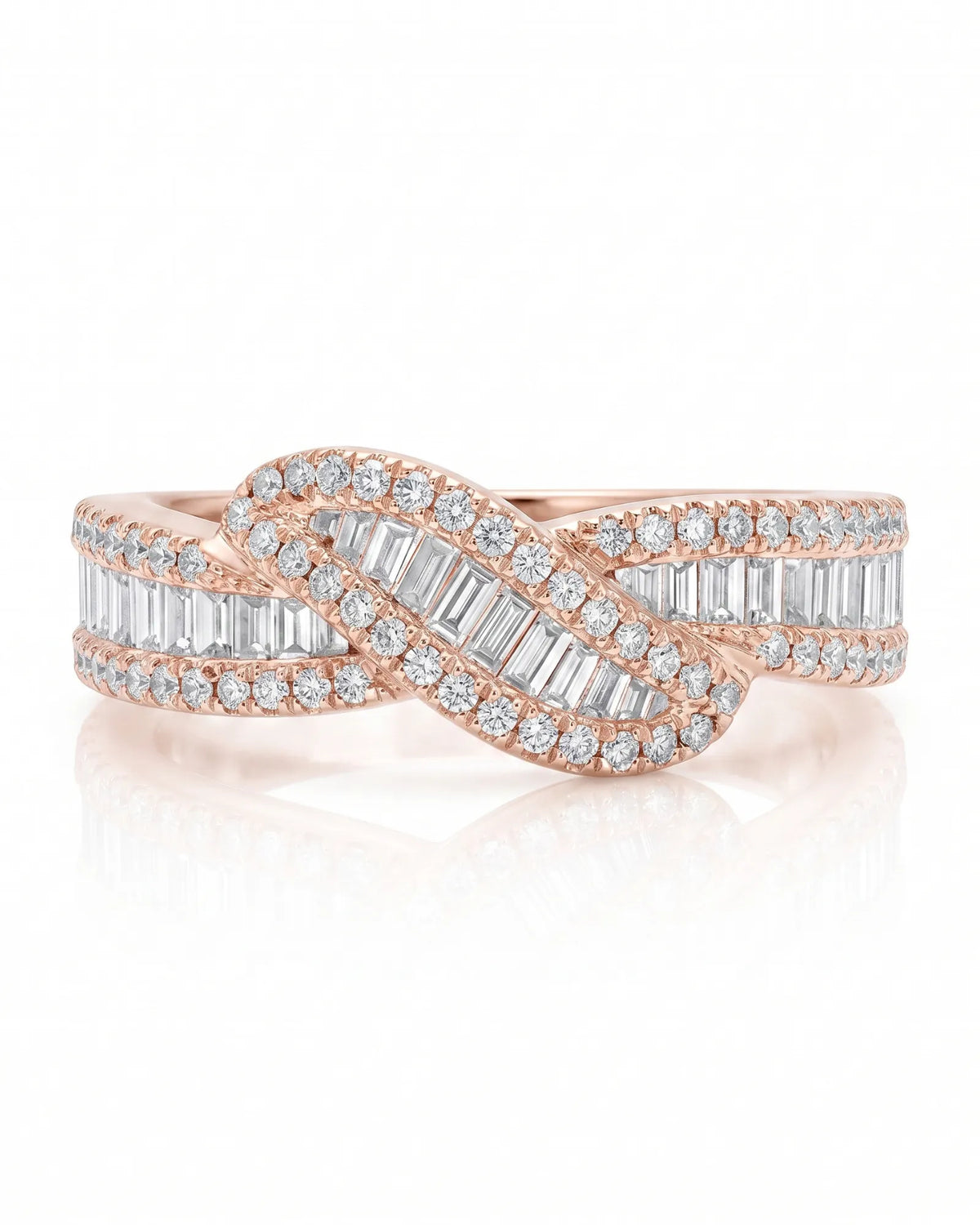 Diamond crossover wedding band with geometric baguette diamonds and delicate round brilliant sparkle | SARATTI