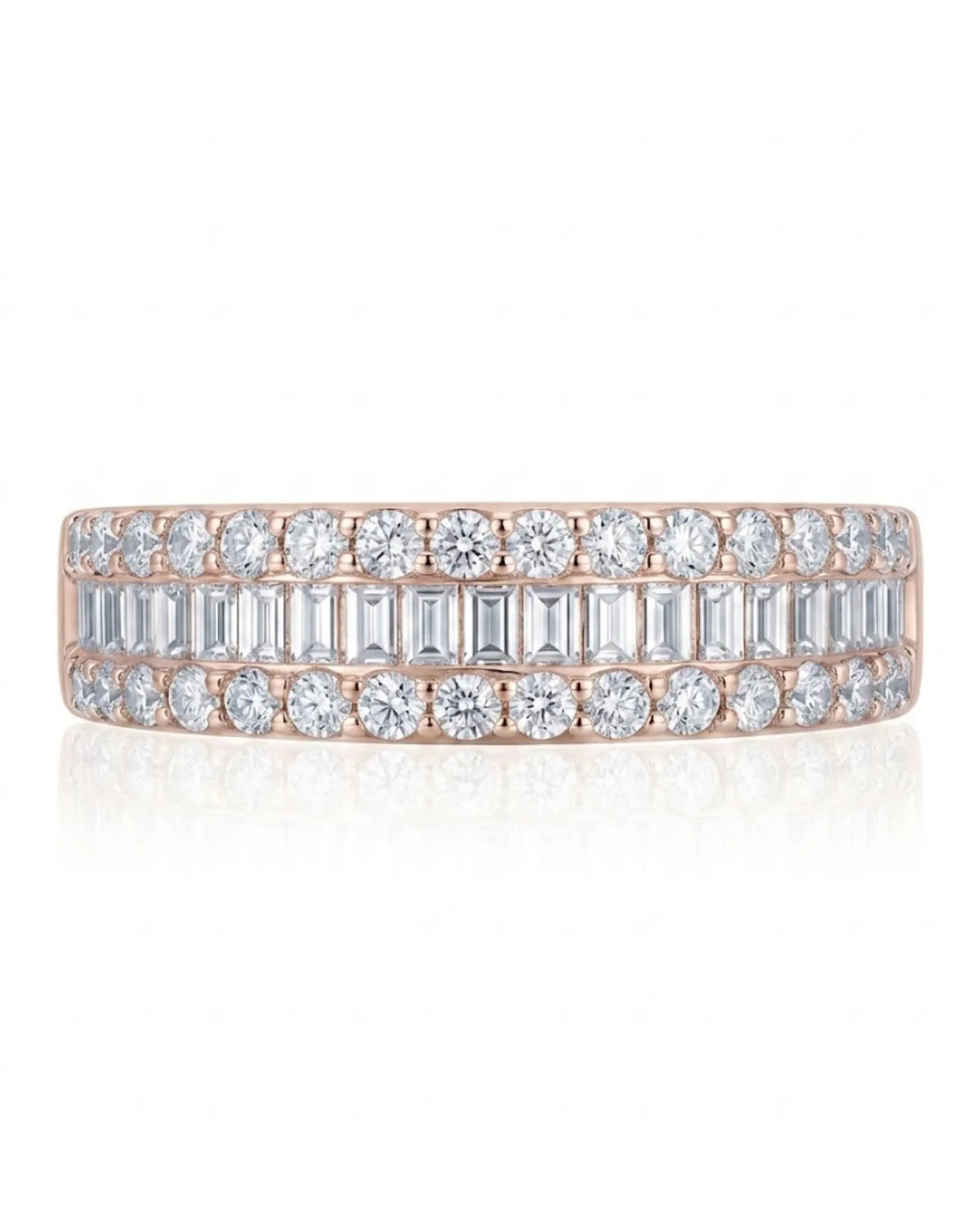 Rose gold diamond wedding band with baguette and round brilliant diamond detailing | SARATTI