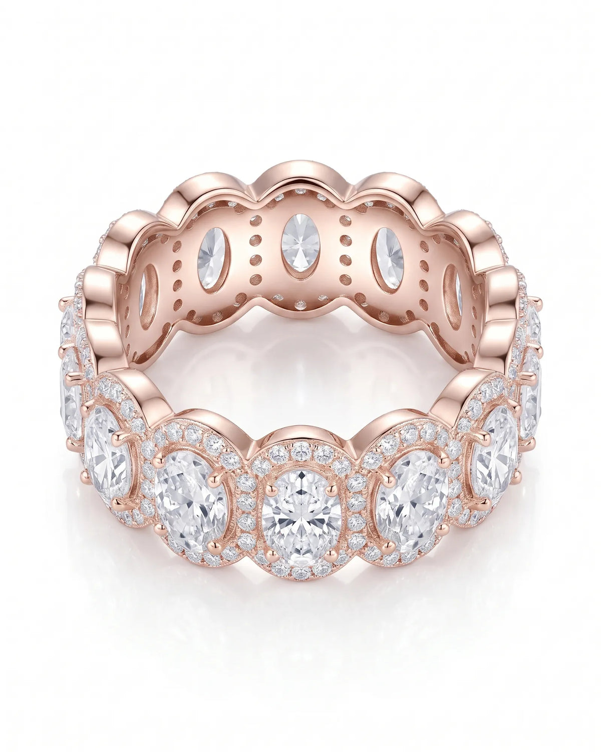 Oval halo diamond eternity wedding band, angled view 2 | SARATTI