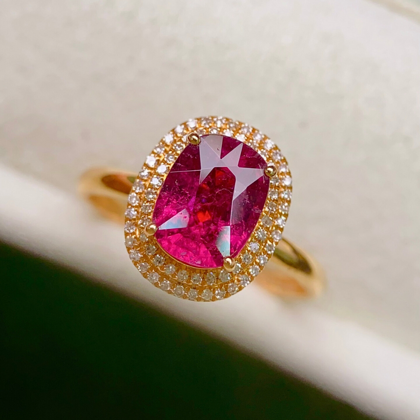 Oval Pink Tourmaline & Diamond Ring in 18K Yellow Gold