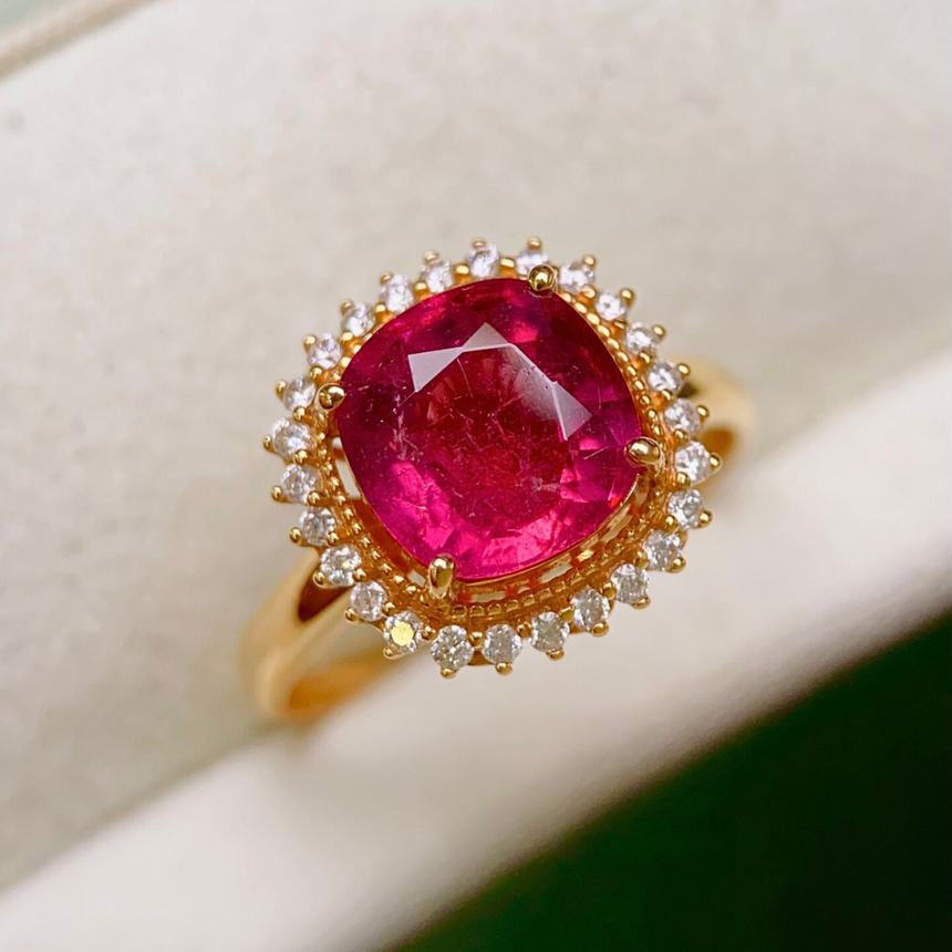 Oval Red Tourmaline & Diamond Ring in 18K Yellow Gold