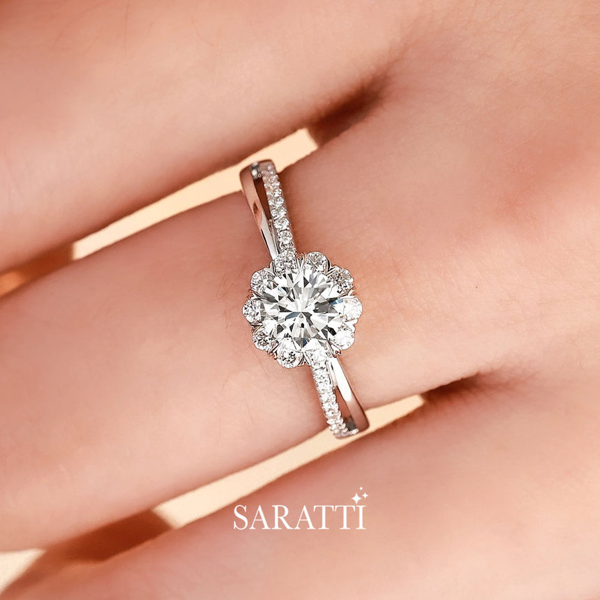 Sunburst Nature Inspired Halo Round Diamond Ring in Platinum Ring | Saratti