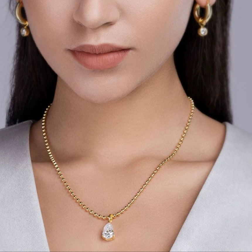 Imperial Glory : Pear-Cut Moissanite Golden Sphere Pendant