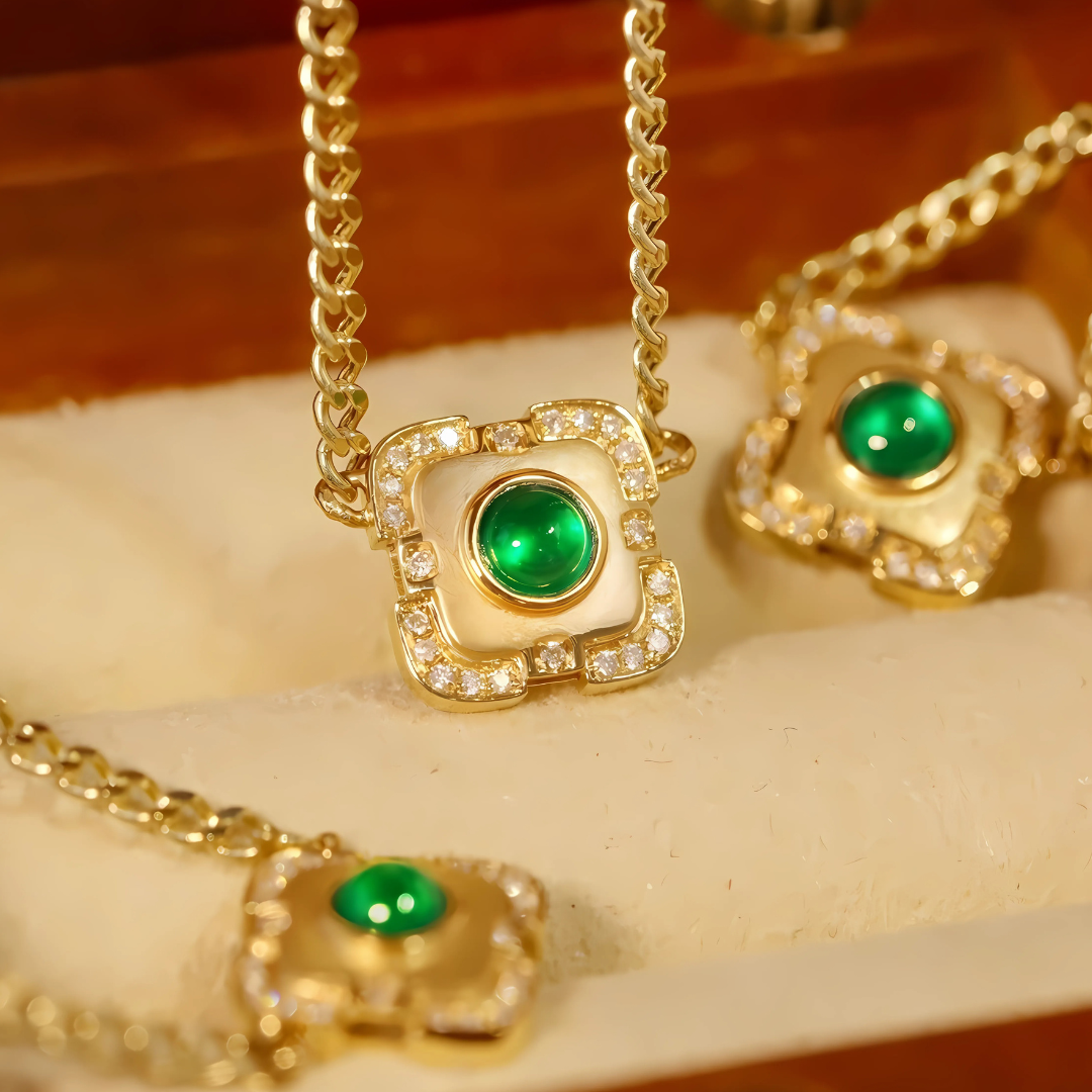 Jade Monarch: Swat Emerald Diamond Halo Pendant in 18K Yellow Gold