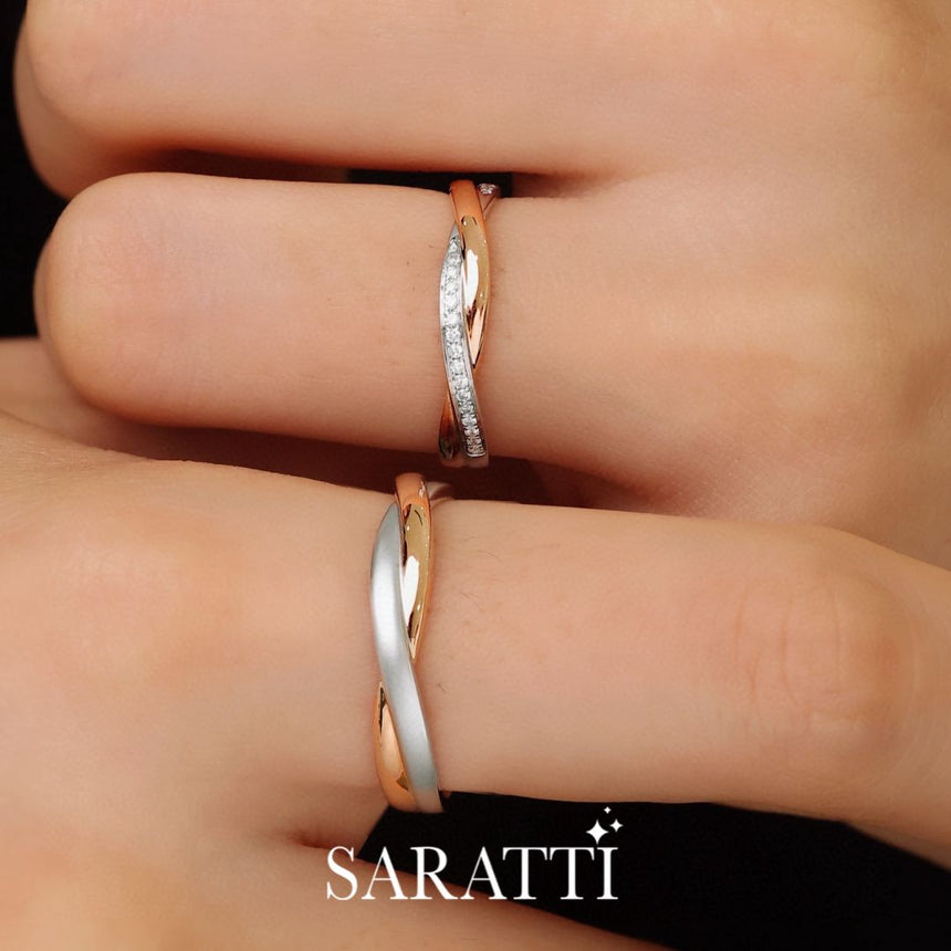 18K Two Tone | Rose & White Gold Couple Ring Infinity Diamond Matching Twist Wedding Band | SARATTI
