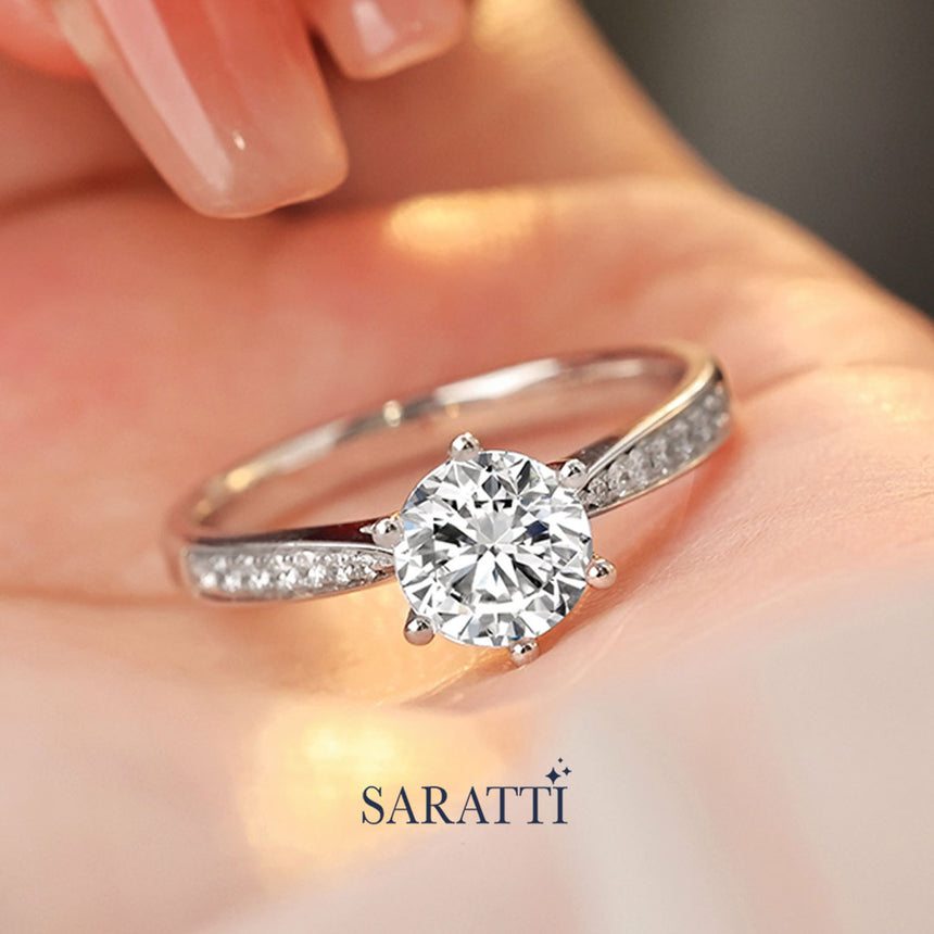 18K white gold ring with Delicate diamond accents along band | Saratti