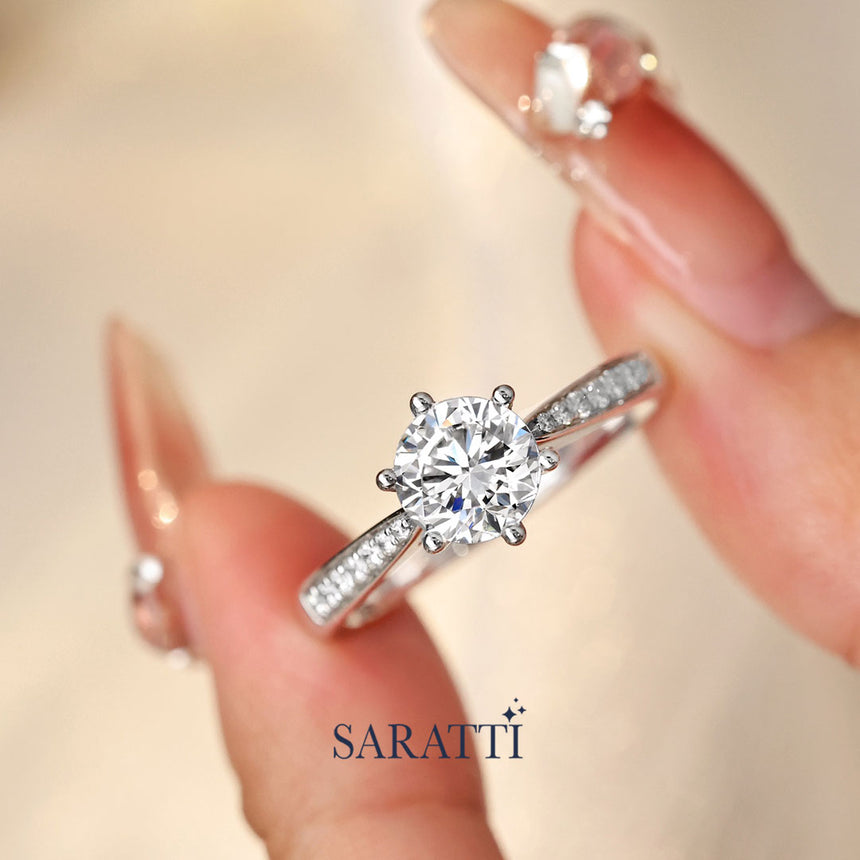18K white gold ring with pave diamond accents | Saratti