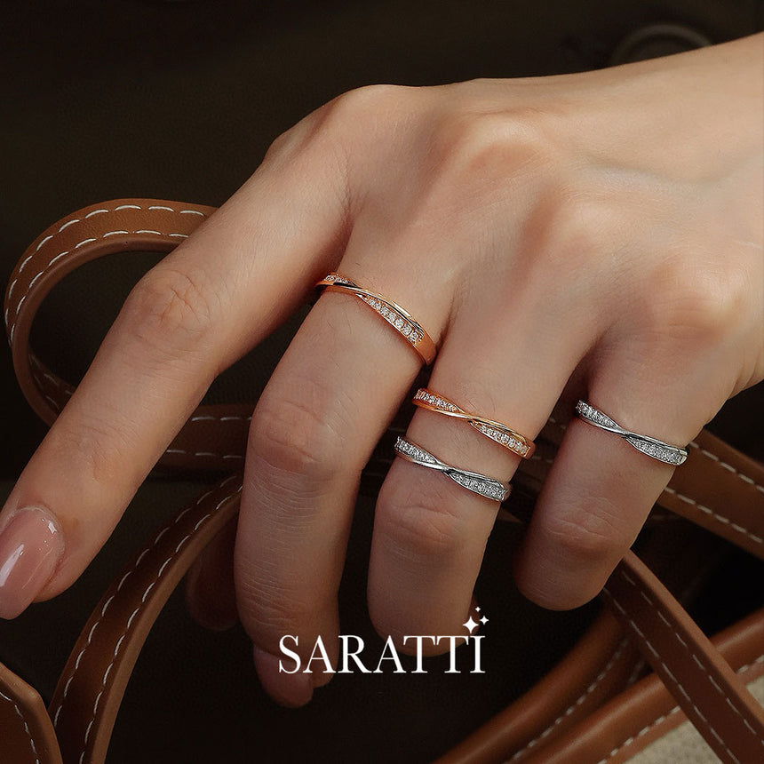Model Wears White and Rose Gold Diamond Eternity Wedding Bands stacked | Saratti