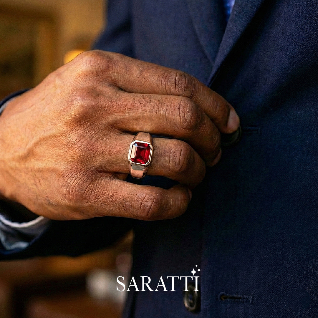 18k rose gold sovereign men’s garnet ring step cut center signet band | SARATTI