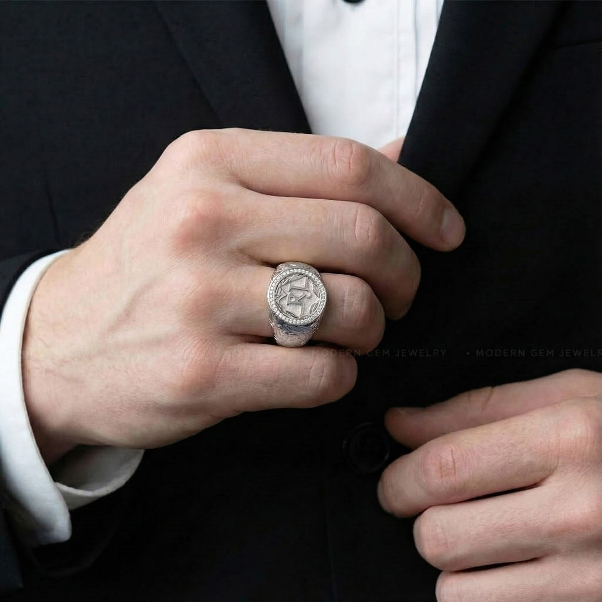 18k white gold regent halo diamond signet ring for men halo diamond band | SARATTI