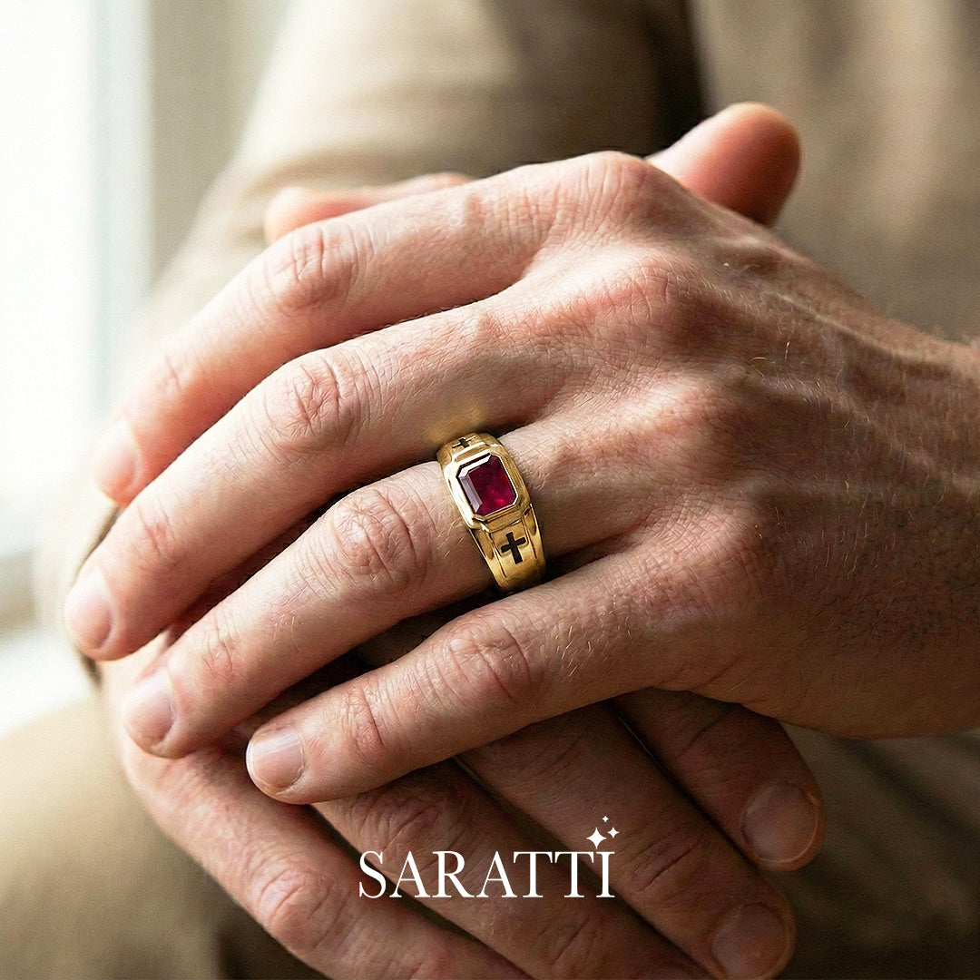 18k yellow gold dominion men’s ruby cross ring emerald cut bezel design | SARATTI