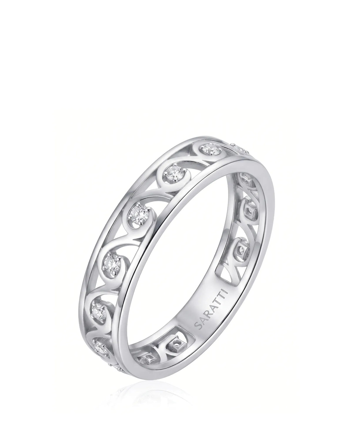 Art Nouveau diamond wedding band with sculpted openwork and round brilliant diamonds | SARATTI