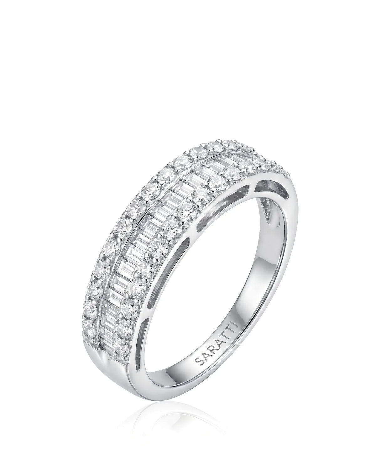 Baguette and round diamond eternity wedding band in 18K white gold | SARATTI