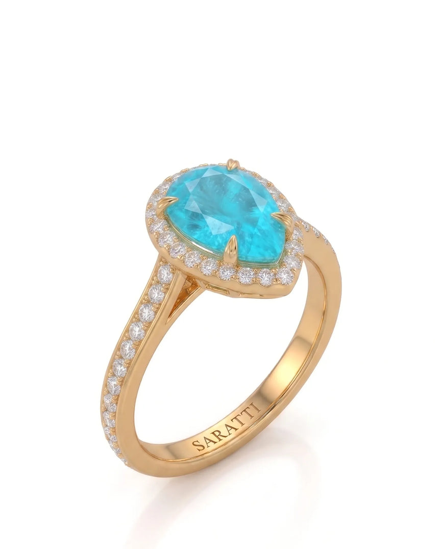 Yellow gold view of Solenne Halo Pear Paraiba Tourmaline diamond halo setting | SARATTI