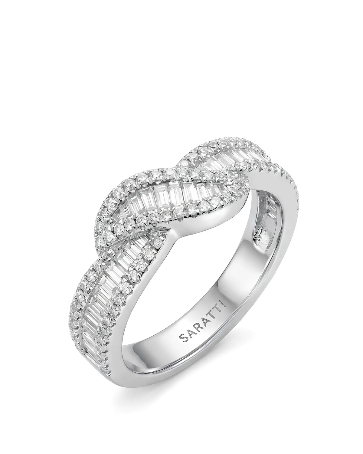 Baguette eternity wedding band with intertwined diamond-set ribbons and round brilliant accents | SARATTI