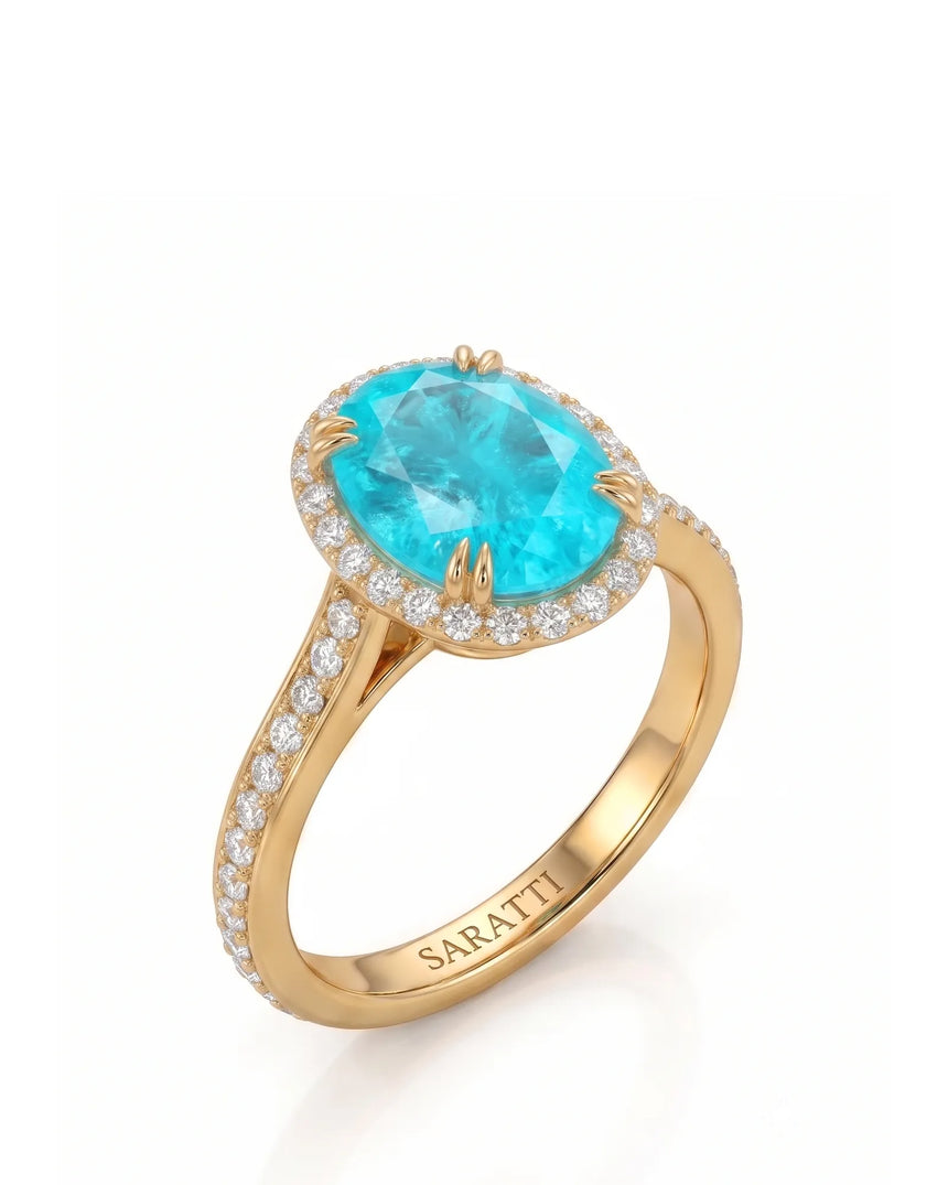 Yellow gold view of Solenne Halo Oval Paraiba Tourmaline diamond halo setting | SARATTI