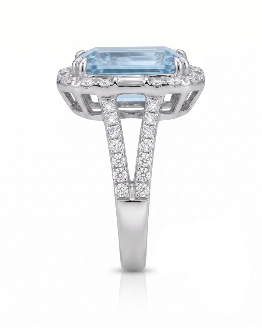 Aureline Halo Aquamarine split shank diamond ring setting in white gold, side profile | SARATTI