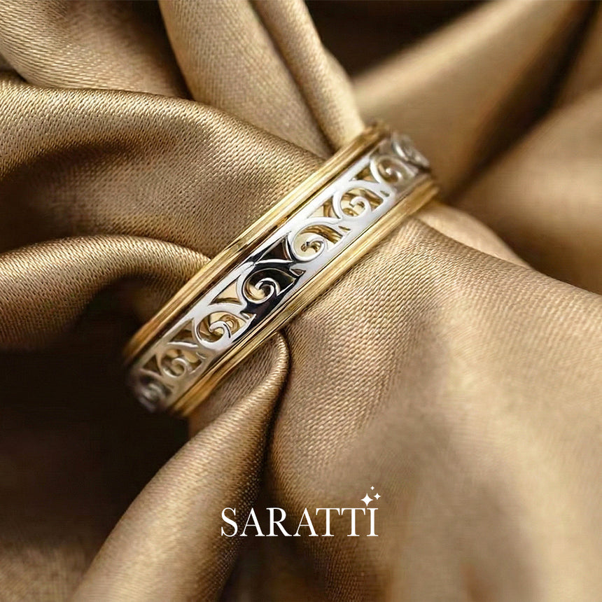 Vintage mens wedding band swirling vintage pattern detail in 18K yellow and white gold | SARATTI