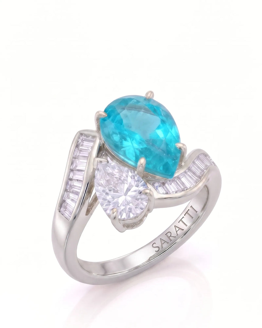 White gold view of Élan Céleste Pear Paraiba Tourmaline and pear diamond Toi et Moi setting | SARATTI
