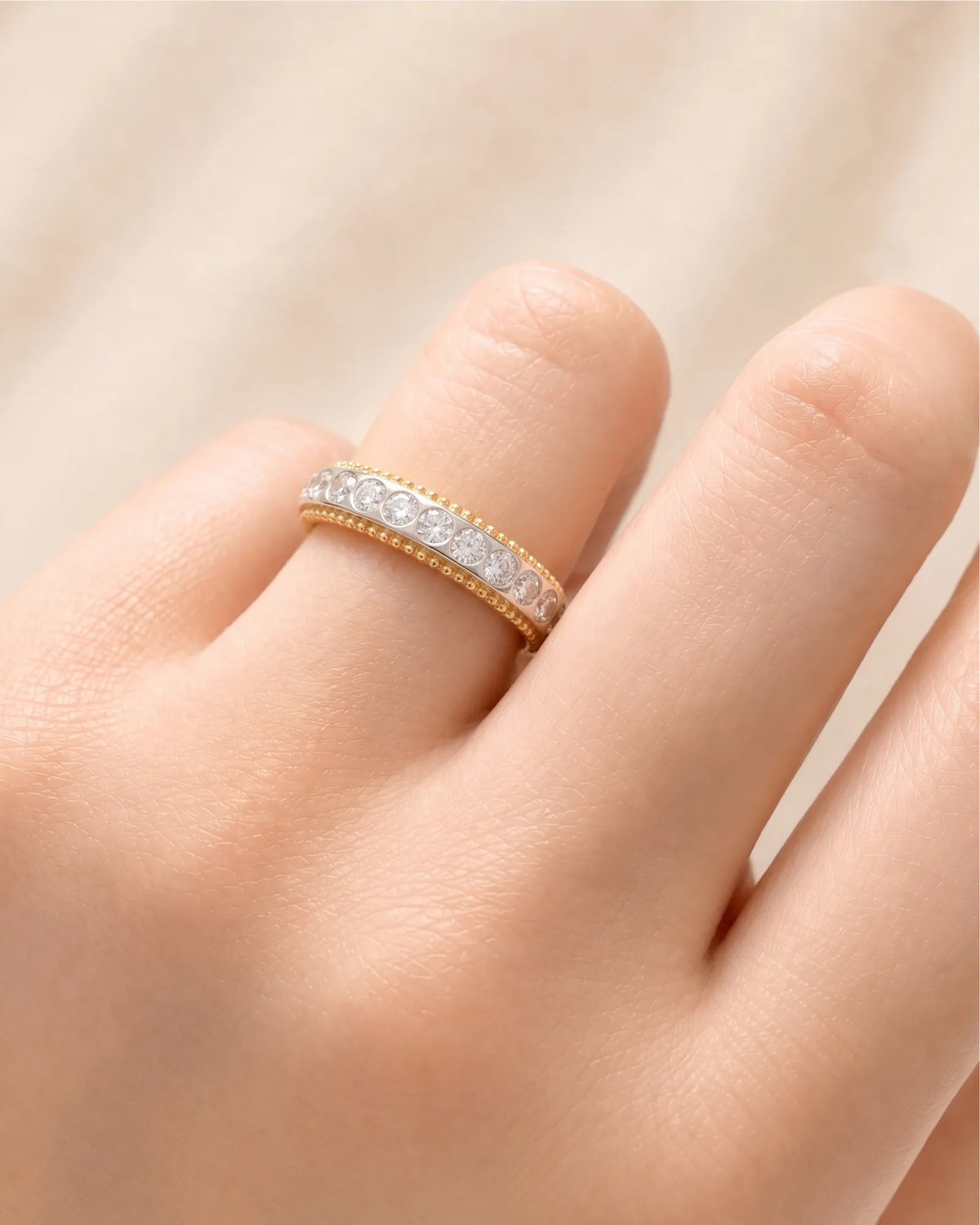 Two-tone diamond wedding band in 18K yellow and white gold, view 2 | SARATTI