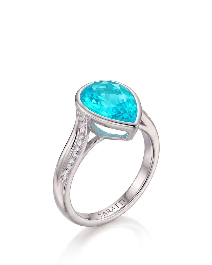 White gold view of Aveline Vow Pear Paraiba Tourmaline diamond bypass setting | SARATTI