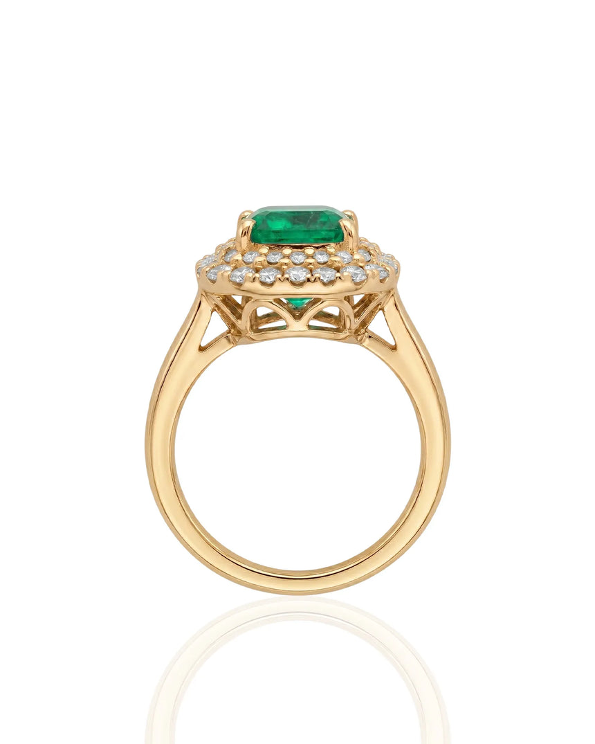 2 carat natural emerald double diamond frame ring in yellow gold | SARATTI