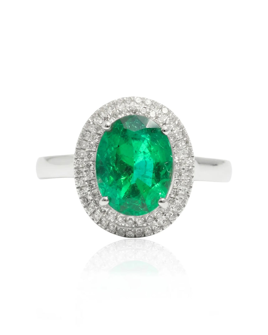 2 carat natural emerald oval halo ring in 18K white gold | SARATTI