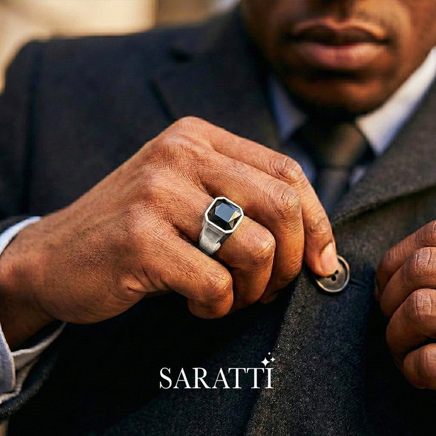 Matte black mens wedding band handcrafted minimalist ring in platinum | SARATTI