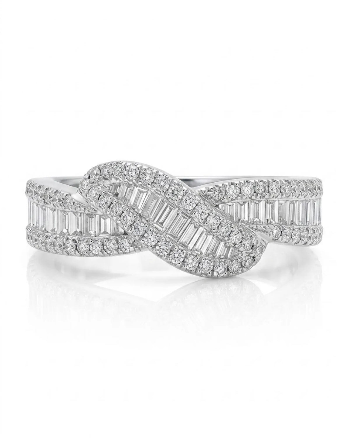 Baguette diamond wedding band with sculptural criss-cross ribbons and round brilliant accents | SARATTI