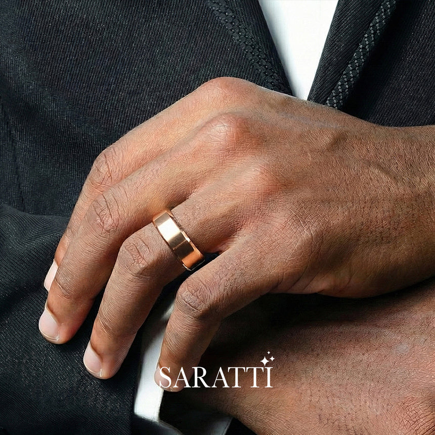 8mm mens wedding band brushed finish design detail in 18K rose gold | SARATTI