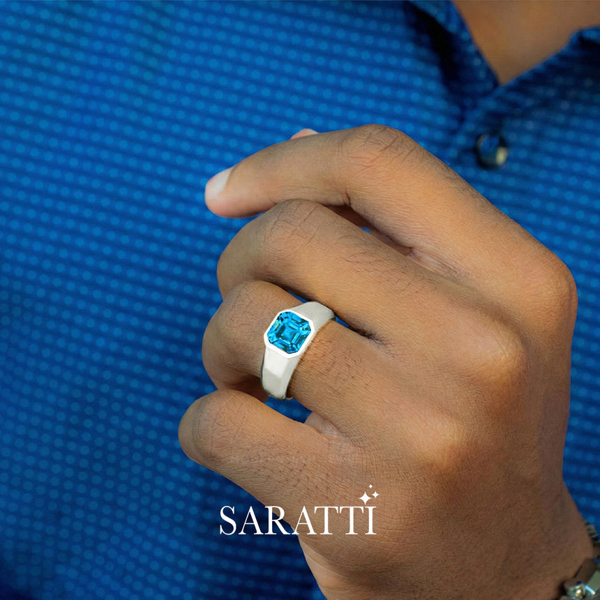 Men's Blue Topaz Ring in White Gold Asscher Cut