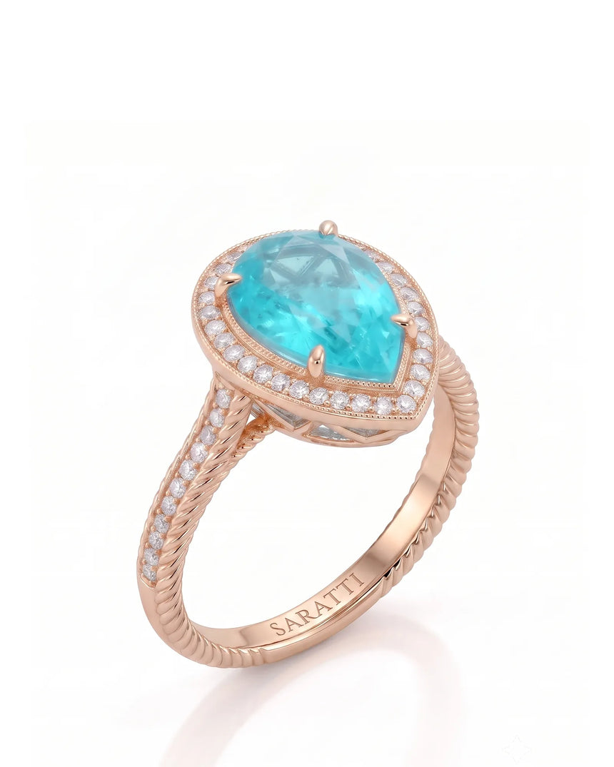 Cordelle Halo Pear Paraiba Tourmaline diamond rope band setting in rose gold