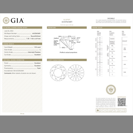 1.52 carats Round Natural Diamond Color L Internally Flawless | GIA Certified