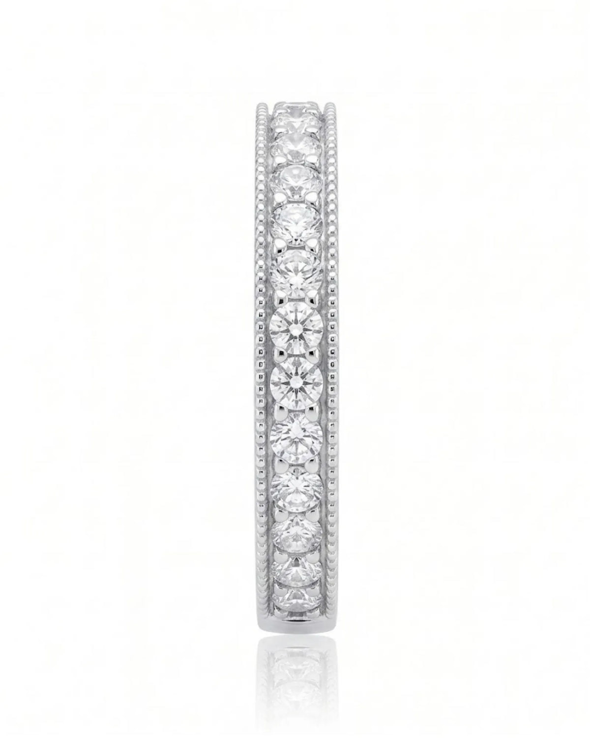 18K white gold milgrain diamond wedding band, detail view | SARATTI