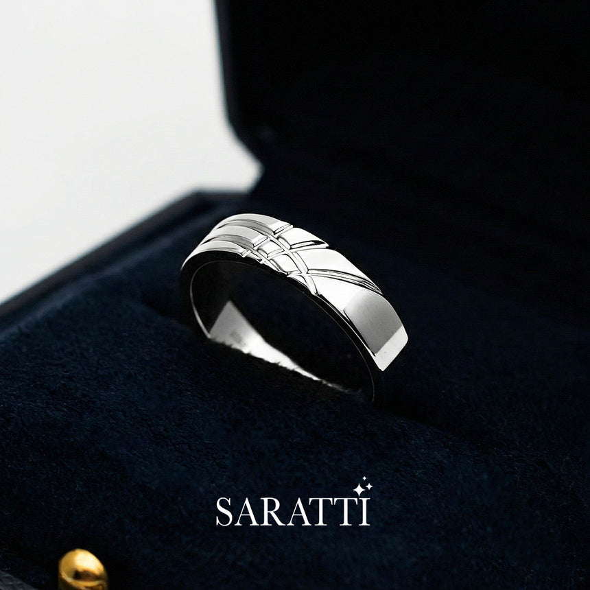 Mens comfort fit wedding band handcrafted textured design ring in platinum | SARATTI