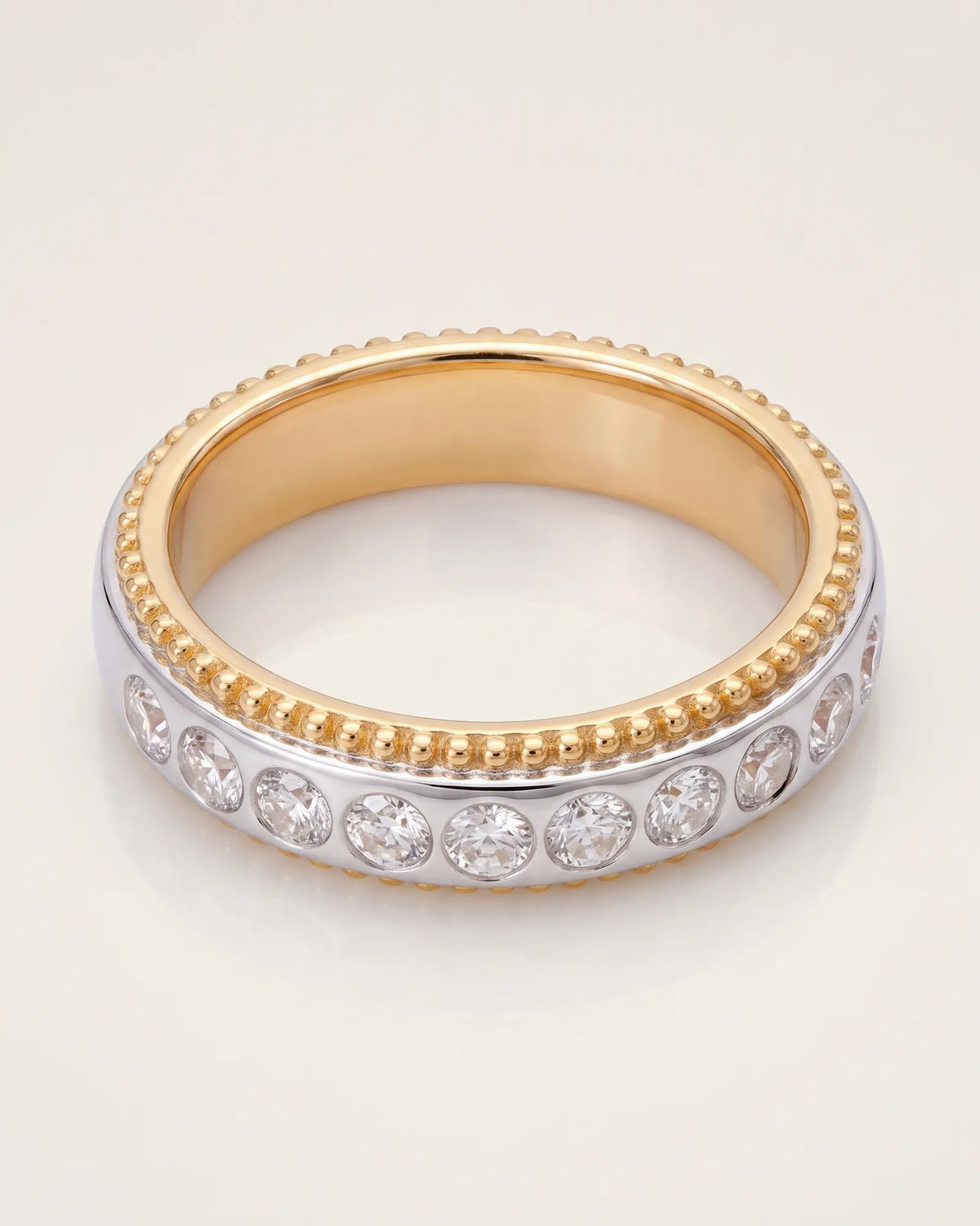 Two-tone diamond wedding band in 18K yellow and white gold, view 3 | SARATTI