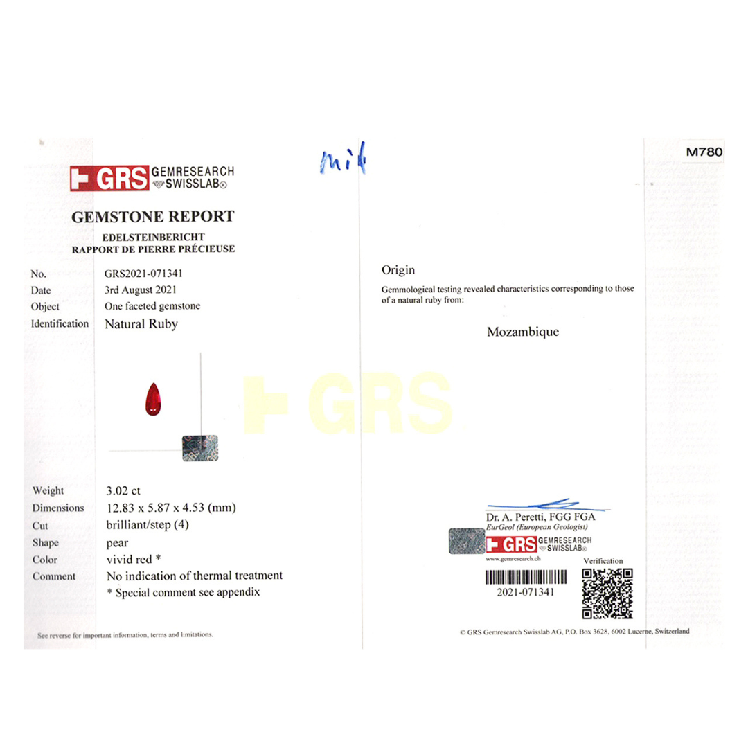 VIVID Red Natural Ruby Gemstone in Pear Shape | Certificate of Authticity | GRS Ruby Lab Report | Saratti Jewelry