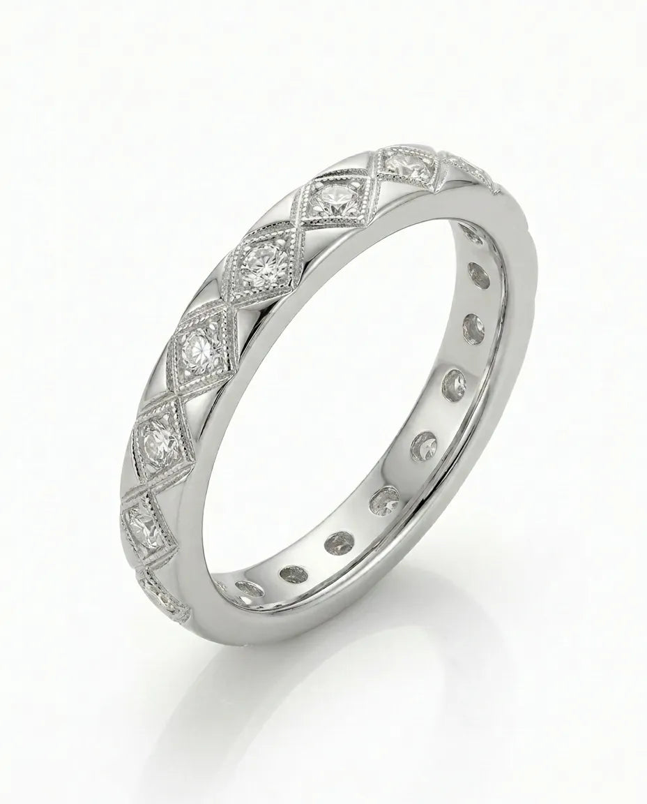 Hot Cross diamond-encrusted wedding band in platinum, 45-degree view | SARATTI