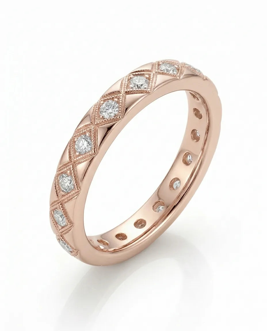 Hot Cross diamond-encrusted wedding band in rose gold, 45-degree view | SARATTI